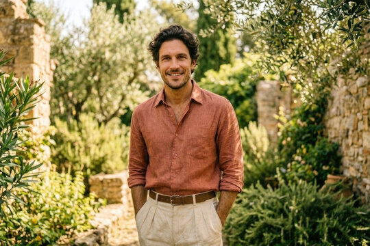 Handsome man in terracota shirt standing in green Italian garden representing peaceful relaxation and lifestyle