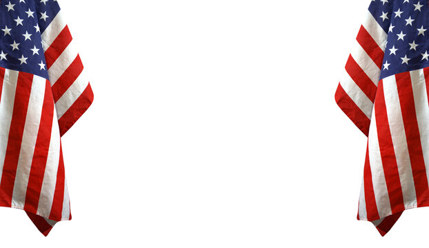 American flags hanging on the both side of frame with transparent png copy space in the center, patriotic backdrop