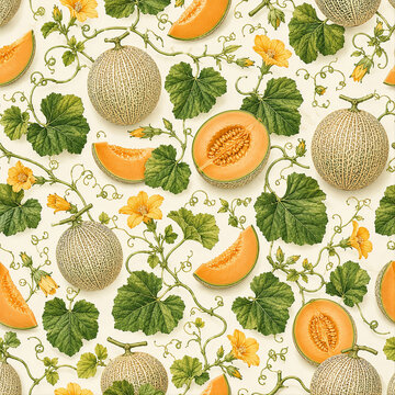 Yubari King Melon Flower and Leaf Seamless Botanical Pattern