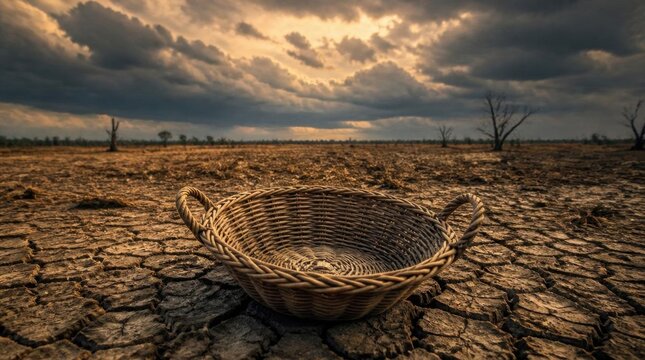 An empty woven basket rests on cracked, dry earth under a dramatic, stormy sky, conveying drought and scarcity.