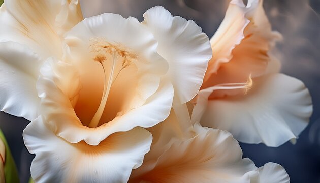 Smoke Close Up White Beige Cream Gladiolus Flower Bud Petals Pistil Stamen Natural Art Blur Background
