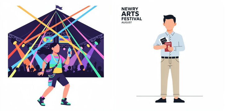 Man holding Newry Arts Festival program at lively outdoor event with colorful stage