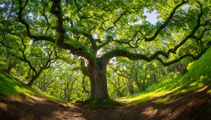 Fototapeta premium Majestic Oak Trees With Lush Green Foliage Create A Serene Forest Canopy