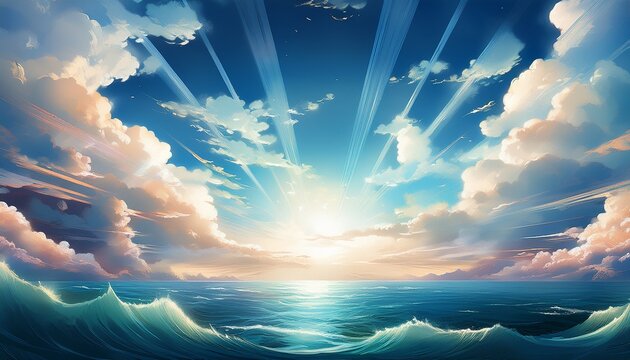 A Cloudy Sky With A Hint Of Sunlight Breaking Through Over A Vast Ocean Japanese Animation Background