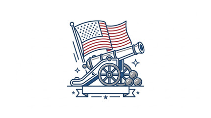 Fototapeta premium Vintage Cannon with American Flag Illustration.