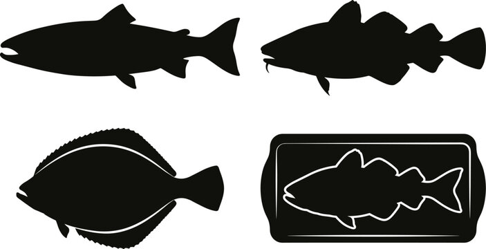 Commercial Seafood Fish Silhouette Vector Set Featuring Cod, Salmon, Flounder, and Packaged Fish Product Filet Icons Isolated on White Background