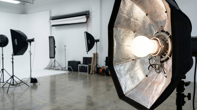 Glowing bulb inside an octagonal softbox in a professional photography studio. Lighting equipment setup for a photo shoot