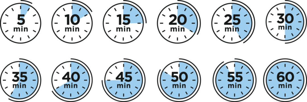 Timer, clock, stopwatch isolated set icons. Countdown timer symbol icon set. Label cooking time. Vector illustration.Set of analog clocks for every hour icon.Stopwatch icon from 1 to 60 minute timer