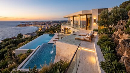 Fototapeta premium Hillside coastal villa with tiered pools overlooking city at sunset