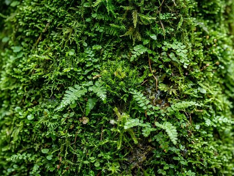 Lush Green Moss and Fern Texture Background in Tropical Forest