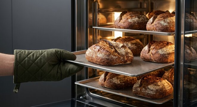 Fresh artisan sourdough bread being removed from a commercial bakery oven. Professional baking process with rustic loaves, crispy crust and traditional bread production in a modern bakery.