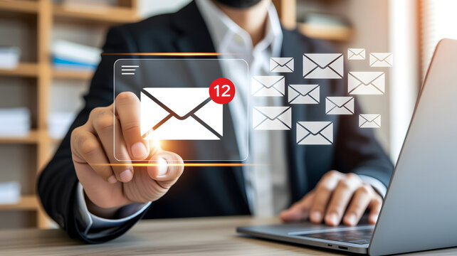 Business person using a laptop with digital email notification icons in a modern office