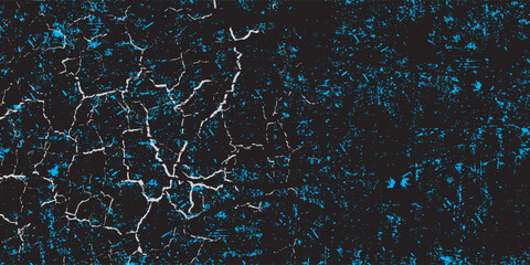 Naklejka premium Abstract grunge black background with blue splatters and white cracked lines texture, distress vector background.