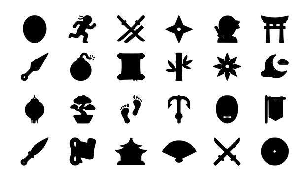 Minimal Ninja Icon Set Vector Collection with Samurai Weapons Stealth Symbols Japanese Flat Outline Design