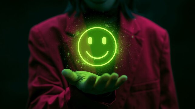 Glowing green smiley face hologram floating above hands in dark room, futuristic technology and digital emotion concept