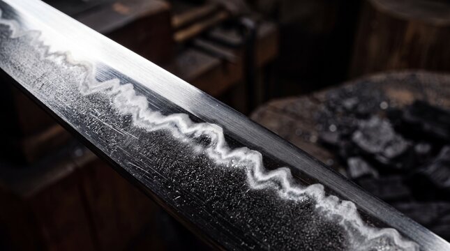 Close up view of sharp japanese katana blade with wavy hamon line tempering pattern hand forged steel craft in traditional smithy.