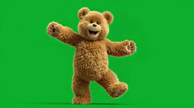 Energetic teddy dancing bear jumping on green screen