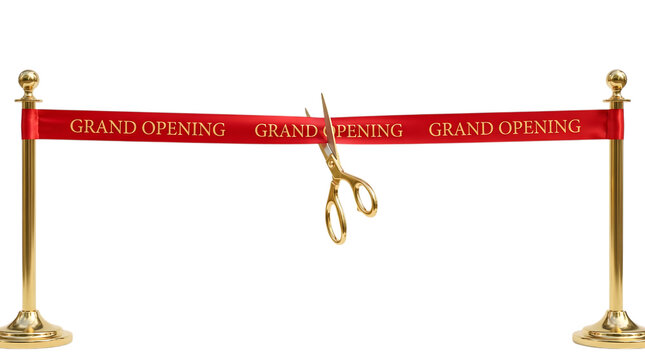 Golden Scissors Cutting Red Ribbon Isolated on Transparent Background