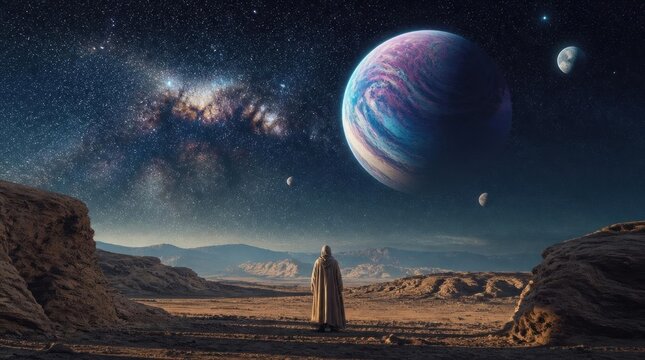 A lone figure surveys a breathtaking alien vista with a colorful planet and starry galaxy.