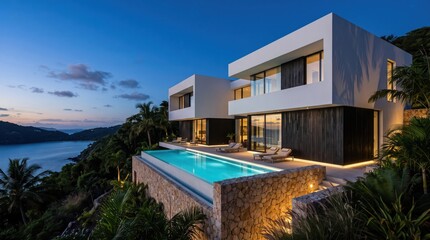Fototapeta premium Contemporary hillside villa with infinity pool overlooking a tropical bay