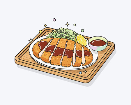 Clean and simple flat vector illustration of chicken katsu on a serving plate food isolated on white background. Modern design style perfect for menu layouts and design resources.
