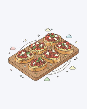 Clean and simple flat vector illustration of bruschetta on a serving board food isolated on white background. Modern design style perfect for menu layouts and design resources.
