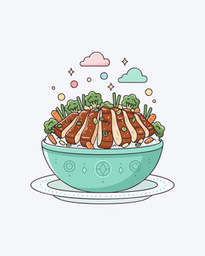 Clean and simple flat vector illustration of teriyaki chicken bowl food isolated on white background. Modern design style perfect for menu layouts and design resources.
