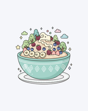 Clean and simple flat vector illustration of oatmeal with fruits in a bowl food isolated on white background. Modern design style perfect for menu layouts and design resources.

