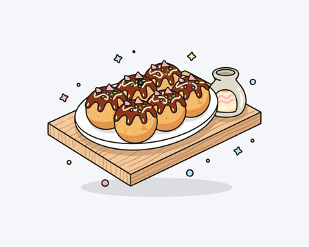 Clean and simple flat vector illustration of takoyaki on a tray food isolated on white background. Modern design style perfect for menu layouts and design resources.
