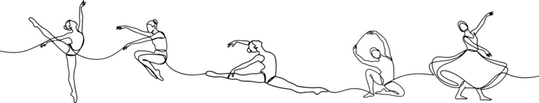 Continuous single line drawing of ballet dancers in various graceful poses on a clean white background design