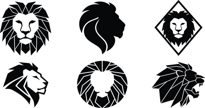 Geometric Lion Head Silhouette Vector Icon Set Featuring Polygonal Low Poly Cuts, Diamond Frames, and Modern Abstract Wildlife Profiles Isolated on White Background