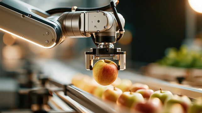 Industrial robot arm handling apple in factory automation