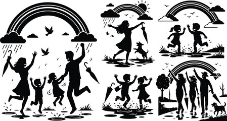 Obraz premium Children playing under rainbow in nature