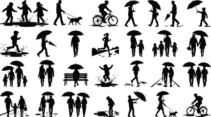 Diverse people silhouettes with umbrellas and activities © MARISH