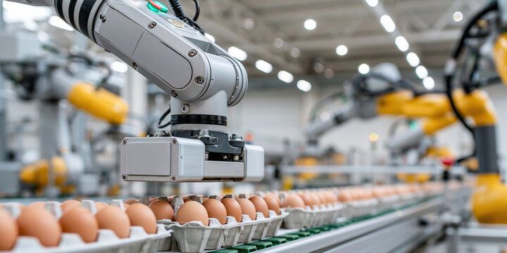 Ai factory robotic arm sorting egg in modern factory