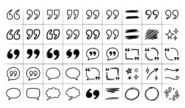 Quote Mark and Speech Bubble Vector Icon Set with Hand Drawn Quotation Marks Chat Bubbles Testimonial Frames Highlight Circles and Sparkle Elements