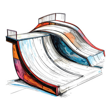Artistic watercolor illustration of a skateboard half pipe ramp.