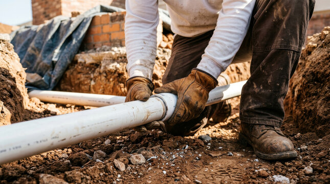 Professional plumber installing white PVC drainage pipes in ground trench, construction worker laying sewer line system, outdoor plumbing repair work