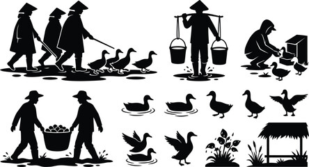 Traditional villagers tending geese and ducks in rural setting © MD. SOHAN MIA