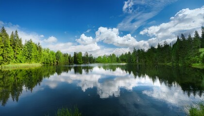 Fototapeta premium Serene Lake Reflecting Blue Sky And White Clouds Amidst Lush Green Trees
