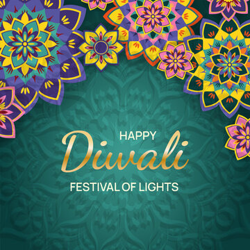 Diwali festival of lights holiday card with Rangoli, diya, lotus flowers. Bright background for web banner, poster, social media