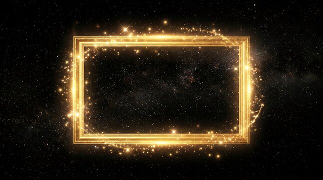 Golden glowing frame on starry black background, golden frame
