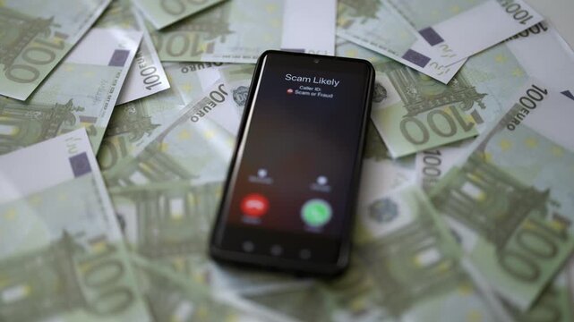 Smartphone showing scam call on screen lying on euro money.