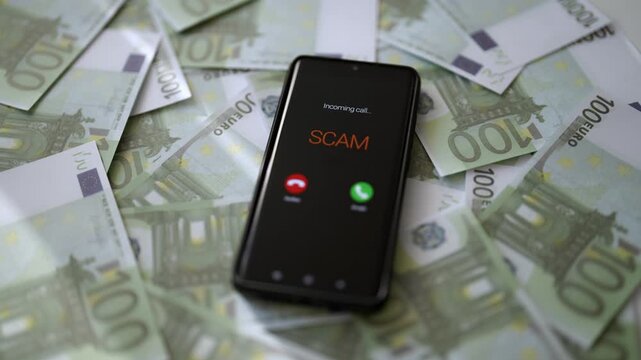 Smartphone showing scam call on screen lying on euro money.