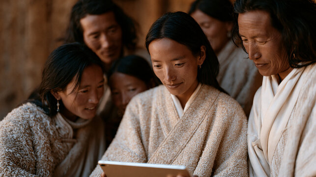 Group of Tibetan cooperative members gathered around a shared tablet viewing a micro investment platform during a community finance workshop, representing grassroots financial
