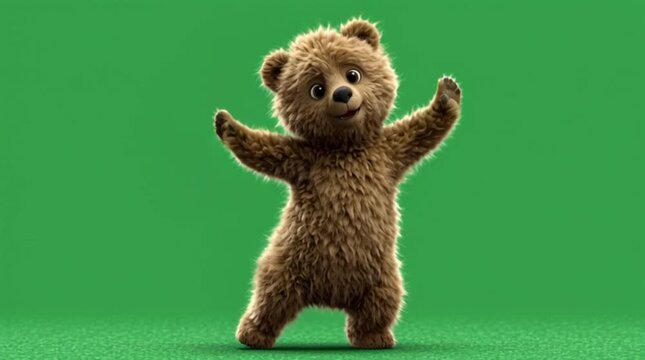 Cute fluffy cub dancing bear on green background