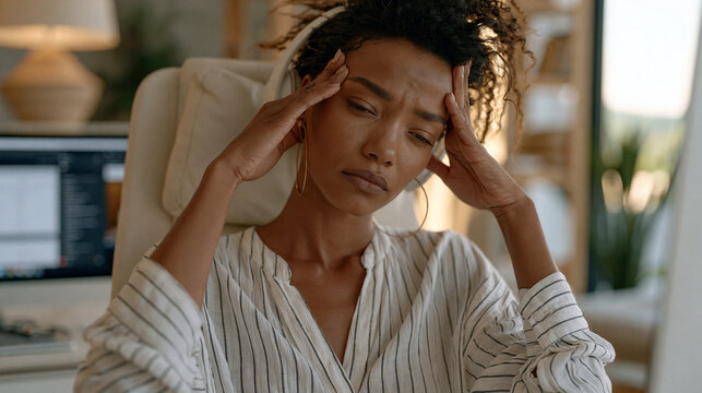 Nigerian remote worker slumping wearily in a ergonomic chair during a long video call, multiple application windows open, rubbing their temples with both hands, conveying the
