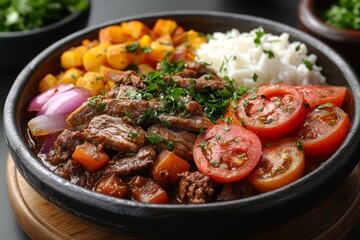Fototapeta premium Cuban ropa vieja shredded beef stew served with white rice, fried plantains, and fresh tomatoes in a rustic clay bowl, perfect for Latin American culinary blogging and restaurant menu design.