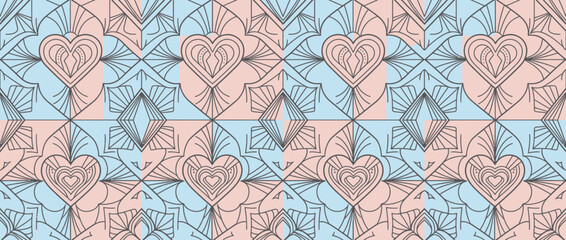Fototapeta premium Heart and line art pastel checkerboard romantic pattern.