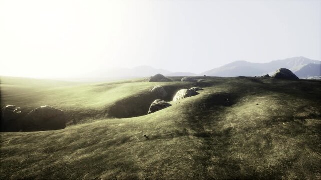 soft highkey pasture with gentle mounds and distant hills, bright washed tones, tranquil minimalism, ideal for meditation and wellness concepts.